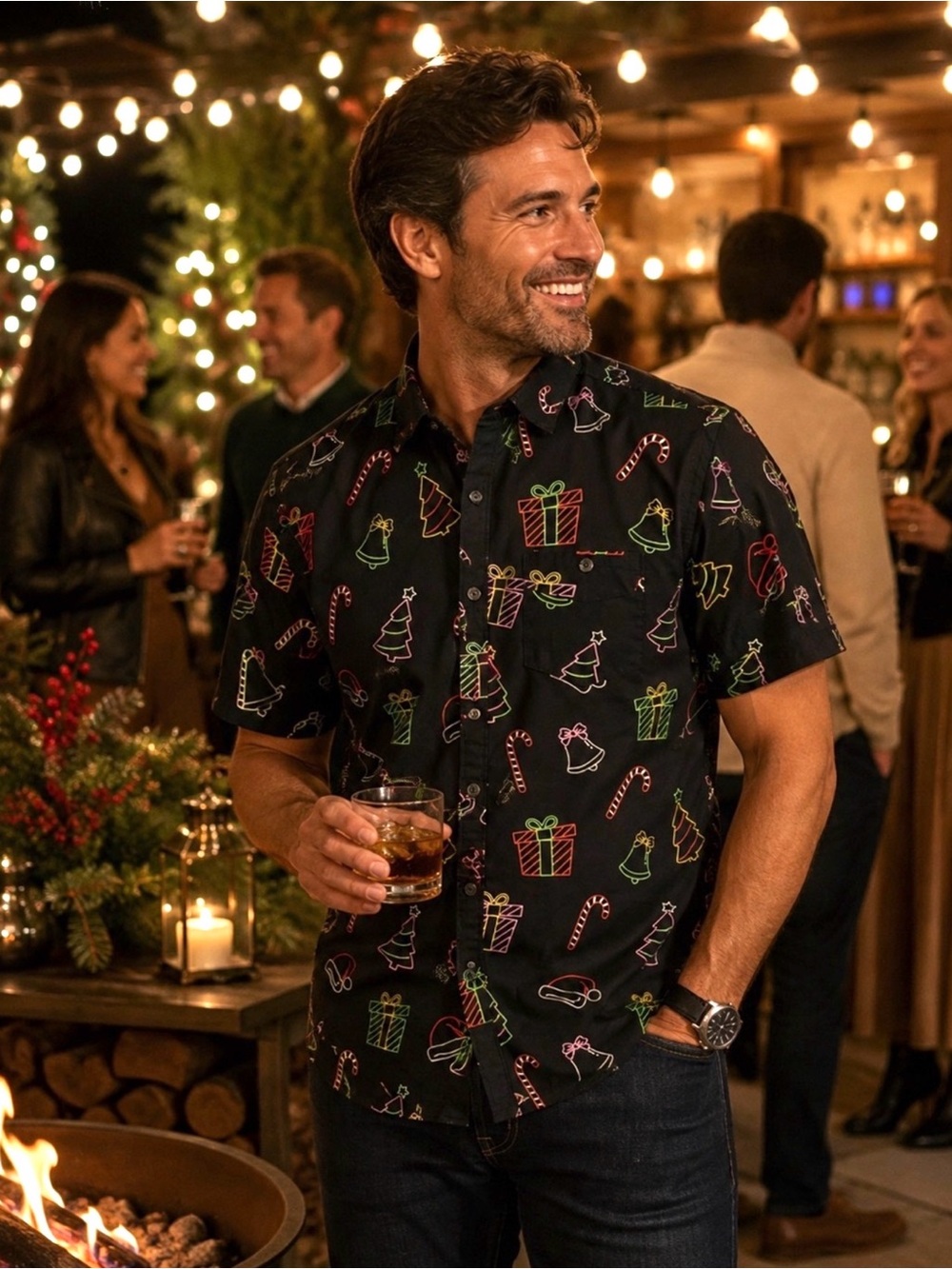 Free Planet Christmas Holiday Button Up Shirt Men’s M Black Neon Print